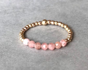 STACKING RING RHODONITE, Rose Gold filled Ring, Pink Gemstone beads, beaded ring Sterling Silver, Rose color stone ring, Stacking ring Gold