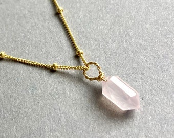 ROSE QUARZ NECKLACE, Chain 14K Gold filled, handmade Jewelry, pink rose gemstone, Boho Summer Necklace, Birthday Necklace, double terminated