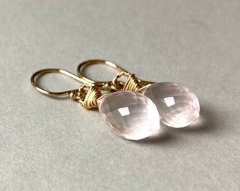 ROSE QUARTZ EARRINGS, Gold filled, rose colored Gemstone, gift for her, chandelier Briolette Earrings,micro faceted, gift for her christmas