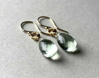 GREEN AMETHYST EARRINGS, Gold filled, light green Gemstone, gift for her, Heart Briolette Earrings, Prasiolite earrings, micro faceted