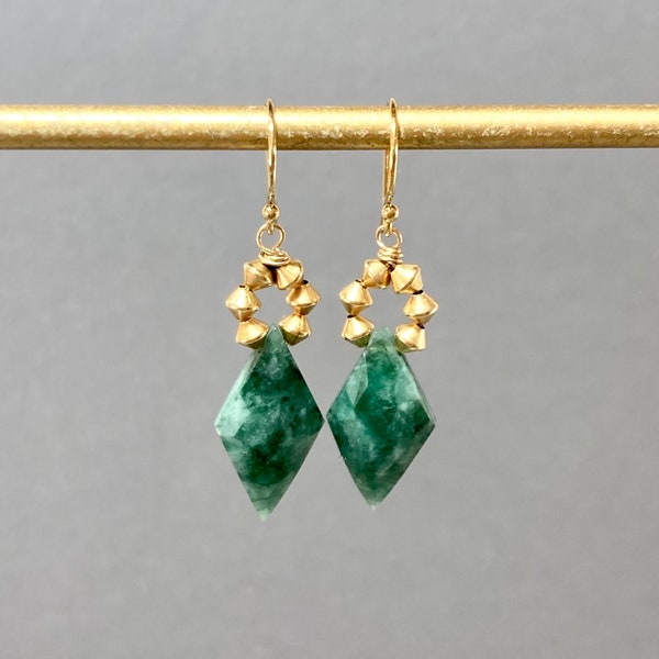 EMERALD EARRINGS RHOMBUS ,green gemstones,emerald earrings, boho summer jewellery, 14K gold filled, genuine green gemstones, dangle earrings