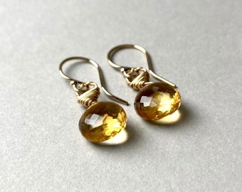 CITRINE EARRINGS, Gold filled, light yellow Gemstone, gift for her, Heart Briolette Earrings,micro faceted, gift for her christmas
