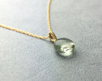 CADENA DE ORO 14K, colgante de amatista verde, delicada cadena de oro 585, joyas para ella, colgante de prasiolita, regalo para ella, collar de verano