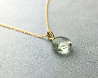 14 KARAT GOLD necklace with green Amethyst pendant, delicate Gold chain, Wedding Jewelry, ilkajewels, 14 K yellow gold, gift for her