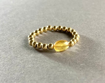 SAPHIR PERLEN RING, Stapelring 14K Gold filled, Perlenring 3mm, Geschenk für sie, Freundschaftsring,gelber Saphir, Edelstein Ring gelb, Boho