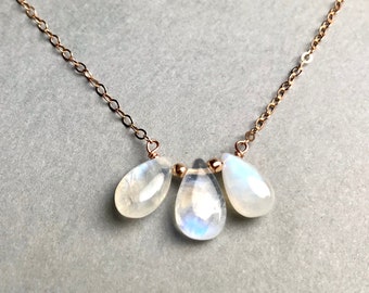 RAINBOW Moonstone necklace with three moonstone drops, Gold filled, Rose Gold filled, Silver, for her, Christmas gift for her