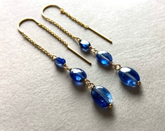 PENDIENTES DE PIEDRAS PRECIOSAS DE KIANITA, azul piedra preciosa real, regalo de joyería, enhebrador largo, pieza única boho, cianita ovalada, hecha a mano, pieza única