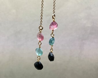 PENDIENTES TOURMALINE THREADERS, pendientes de enhebrar, pendientes multi turmalina, pendientes largos, rellenos de oro, hechos a mano, boho, pieza única, navidad