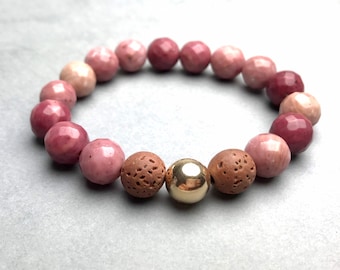 PULSERA DE CUENTAS DE RODONITA, pulsera elástica de cuentas de piedra rosa, cuentas de lava de aceite esencial, joyas de yoga, pulsera de aromaterapia, pulsera de primavera