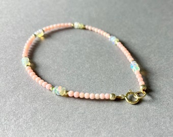 PULSERA ROSA OPAL, pulsera de perlas llena de oro, rosa nácar, cuentas de piedras preciosas, regalo para ella, pulsera de verano boho, hecha a mano