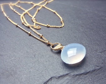 Natural Chalcedony Pendant on Gold filled Chain, Satellite Chain, Valentines Day, Gold filled 14K, Natural Stone necklace, Boho light blue