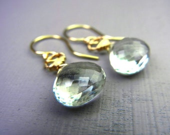 GREEN AMETHYST EARRINGS, Gold filled, light green Gemstone, gift for her, Heart Briolette Earrings, Prasiolite earrings, micro faceted
