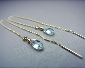 AQUAMARINE THREADER EARRINGS, Gift for her, Gemstone Earrings, Summer earrings with gemstones, Gold filled, Rose Gold filled or Silver