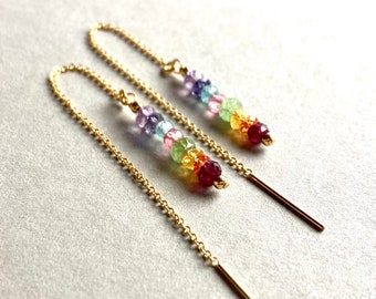 GEMSTONE THREADER EARRINGS, chakra stones, long earrings sapphire, boho summer earrings, tsvaorite, garnet, apatite,sapphire,iolite, rainbow