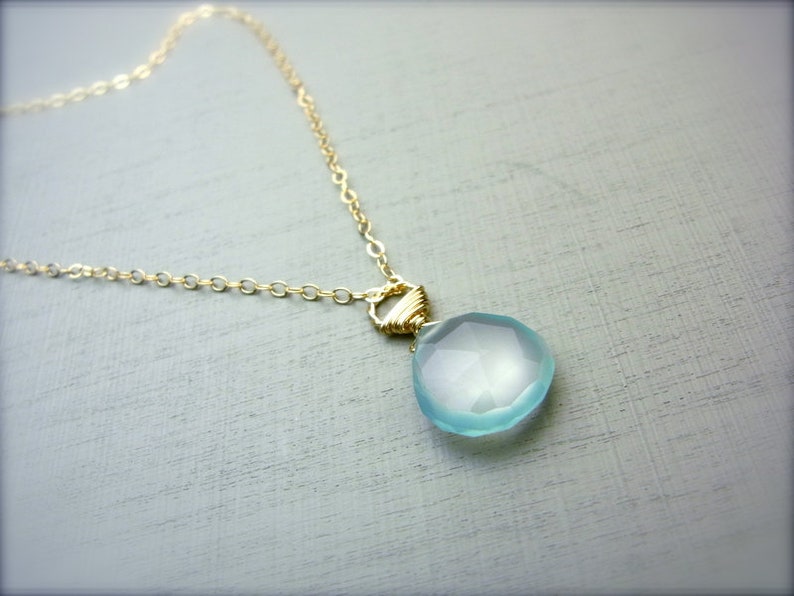 GOLD FILLED NECKLACE with Chalcedon pendant, ilkajewels Ibiza Boho Jewelry, Gift for her easter, Droplet pendant turquoise, pastel color image 3