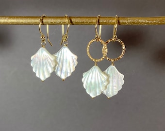 FAN EARRINGS MOP, Gold filled, gift for her, earrings handmade, hanging earrings summer, boho jewellery, small creoles,white Mother of pearl