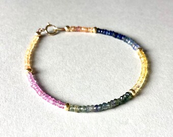 BRACELET MULTI SAPPHIRE, bracelet de pierres précieuses saphir multicolores, or 14Karat rempli, cadeau de Noël, perles de pierres précieuses jaunes vert rose