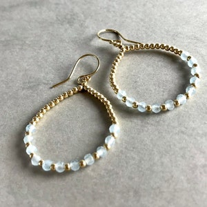 AQUAMARINE HOOP EARRINGS, Gold filled, Hippie earrings, Gift for her birthday, Gemstone Hoops, Pastel color, beaded Earrings, light weight