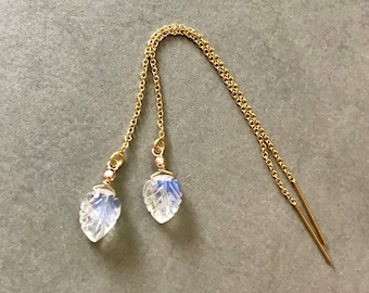 Maansteen oorbellen draad, rijg oorbellen edelsteen blad, regenboog, boho, roségoud, sterling zilver, 14K goud gevuld, handgemaakte sieraden,