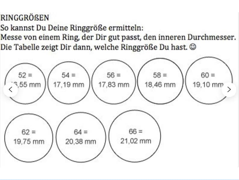 Puede incluir: Un gr&aacute;fico que muestra los tama&ntilde;os de los anillos en mil&iacute;metros. El gr&aacute;fico incluye las tallas 52, 54, 56, 58, 60, 62, 64 y 66.