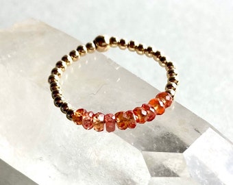 ORANGE SAPPHIRE RING, Rose Gold filled, orange Gemstone beads, Stacking Ring beaded , Summer Ring Boho, Gift for her,Gold filled beaded Ring