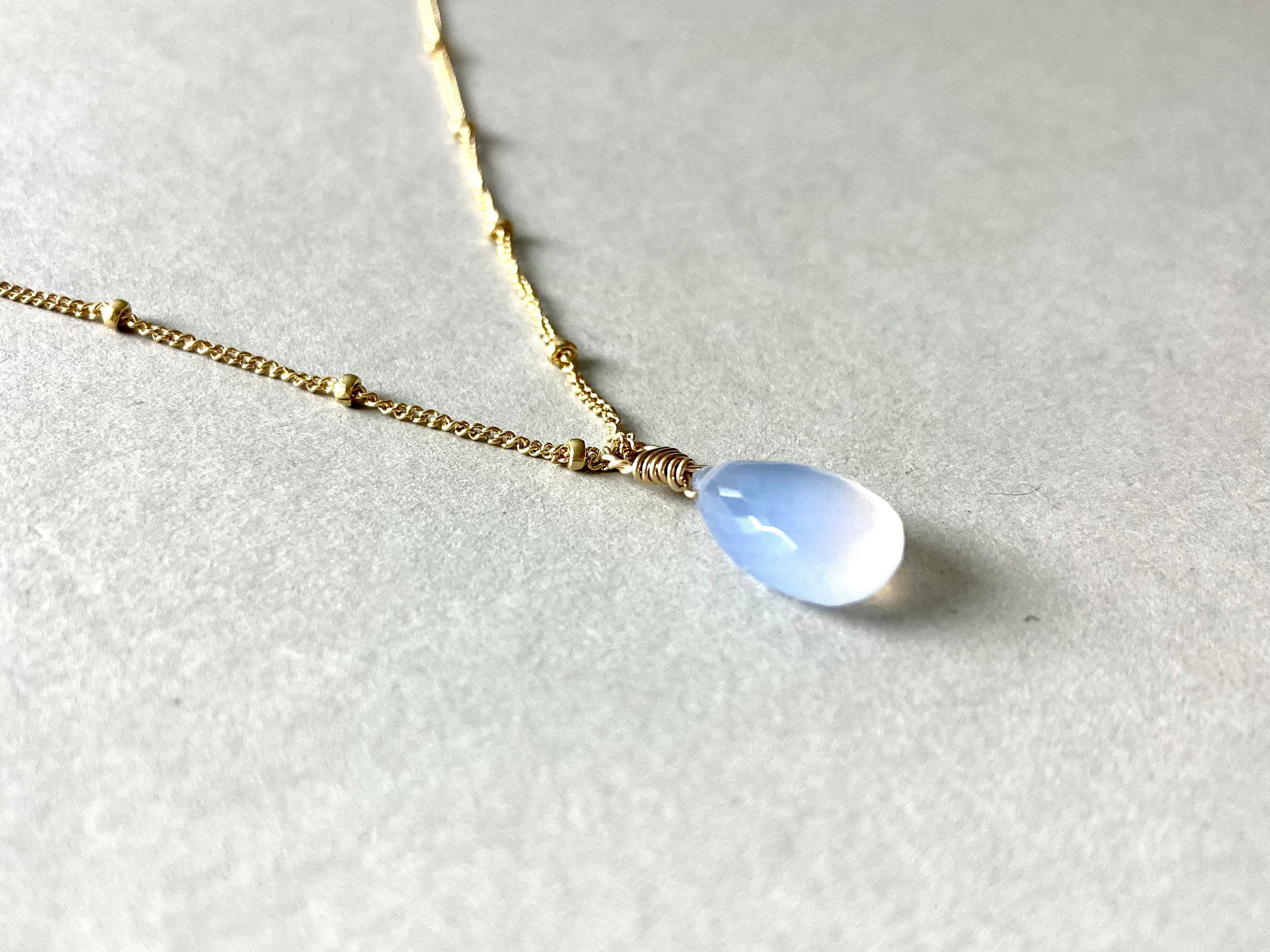 Natural Chalcedony Pendant on Gold filled Chain, Satellite Chain, Valentines Day, Gold filled 14K, Natural Stone necklace, Boho light blue