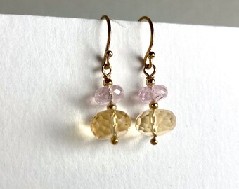 BOUCLES D’OREILLES CITRINE avec BERYL rose, rempli d’or, pierre précieuse citrine, boucles d’oreilles d’anniversaire, boucles d’oreilles en pierres précieuses roses, cadeau pour elle, boucles d’oreilles d’été