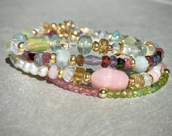 PULSERA DE PIEDRAS PRECIOSAS, Cuentas de piedras preciosas múltiples, Regalo de joyería para ella, Único en su tipo, Pulsera llena de oro, Pulsera con cuentas, Regalo de Navidad boho