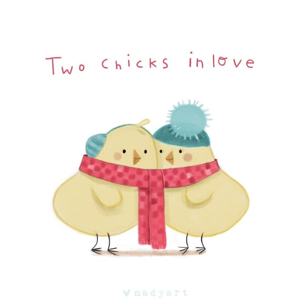 C59: Two chicks in love - Cute art print with two lesbian chicks