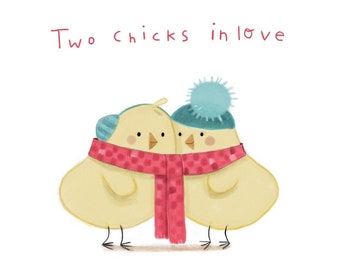 C59: Two chicks in love - Cute art print with two lesbian chicks