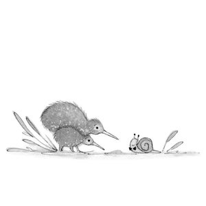 C30: Kiwi Bird Print • Small Illustration • Print or Original • Kiwi birds meeting gentleman snail • Nadyart • Cute Kiwi Birds • Kiwi art