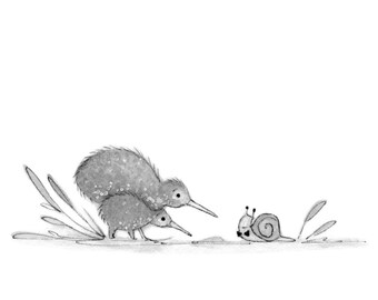 C30: Kiwi Bird Print • Small Illustration • Print or Original • Kiwi birds meeting gentleman snail • Nadyart • Cute Kiwi Birds • Kiwi art