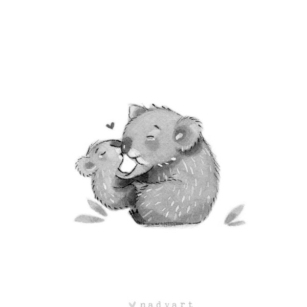 C53: Koala Bears Print • Small Illustration • Print or Original • Mommy and Baby Koala Bear giving a kiss • Ink art work • Nadyart