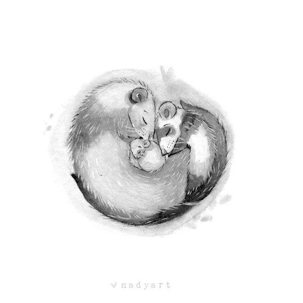 C20: Ferrets Family • Small Illustration • Ferrets Embrace • Ink art work • Nadyart • Cute Ferret • Woodland art • Nest