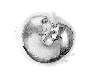 C20: Ferrets Family • Small Illustration • Ferrets Embrace • Ink art work • Nadyart • Cute Ferret • Woodland art • Nest