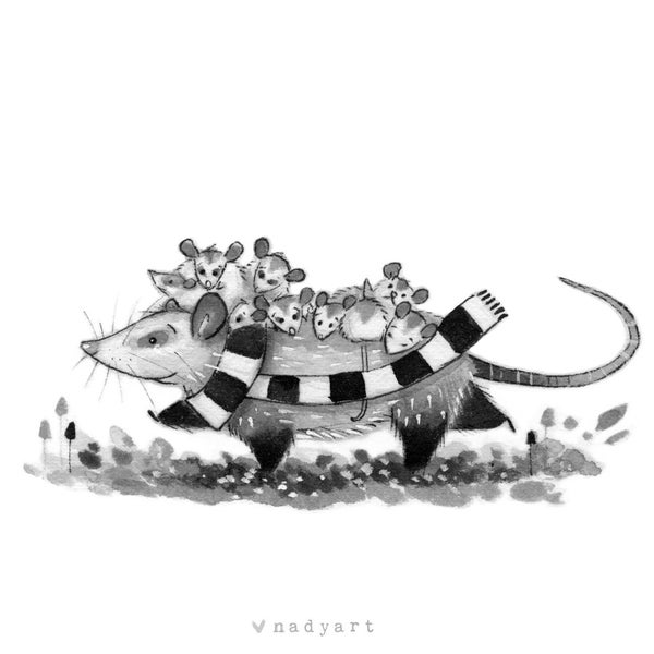 C40: Opossum with Babies • Small Illustration • Print or Original • Baby Opossum carrying • Ink art work • Nadyart • Cute opossums