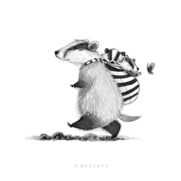 C18: Badger Print • Small cute Illustration • Cute Badger Mommy with babies • Ink art work • inktober • Nadyart • Baby wearing • Woodland