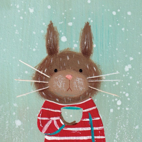 C76: Morning Coffee Bunny Portrait - a small cute art print