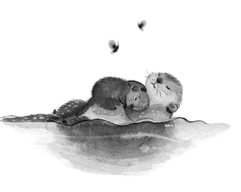 C41: Otter Embrace Print • Small Illustration • Print or Original • Otter Embrace • Ink art work • Nadyart • Cute Otters • Woodland art