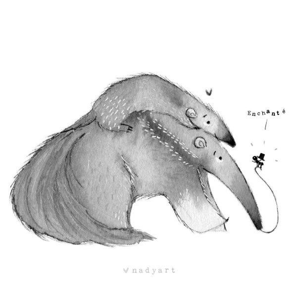 C15: Anteater Print • Small Illustration • Print or Original • Mommy and baby Anteater  • Ink art work • Nadyart • Woodland Art • Enchanté