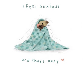 C57: I feel anxious and that's okay - Comforting Anxiety art print - Anxiety illustration - Cute anxious rat art