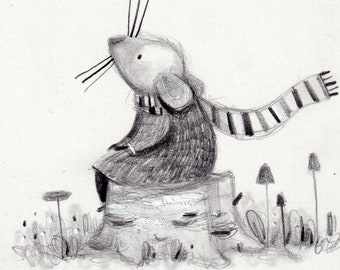 C79 : Cute Mouse Pondering - une petite impression d’art mignonne de souris/rat