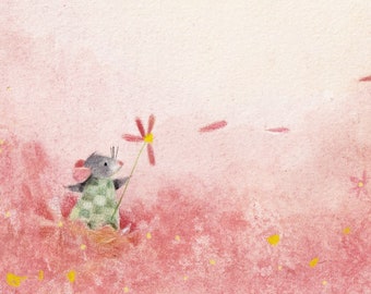 B45: make a wish - Cute mouse in a field of pink daisies