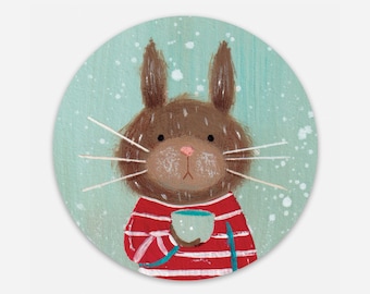 Pre-order: Coffee Bunny Sticker • Cute Round Vinyl Bunny sticker