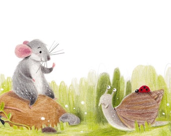 B48: Hello, new friend! A cute mouse, snail and ladybug art print