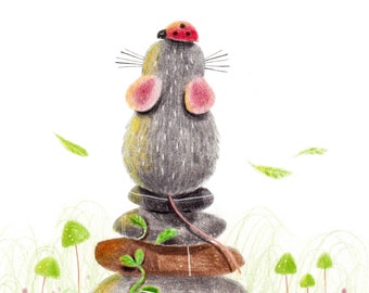 B31: Balance Art Print | Cute Rat / Mouse Meditating art print Colour pencil style