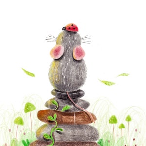 B31: Balance Art Print | Cute Rat / Mouse Meditating art print Colour pencil style