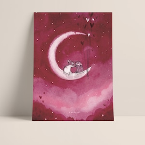 B32: Cupid 2022 - Love couple on the moon - Cupid Art collection - Valentine Art Print Valentine's Day