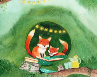 A20: Cozy Summer - Cute foxes reading - Nursery Print - Water color foxes illustration