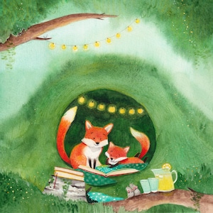 A20: Cozy Summer - Cute foxes reading - Nursery Print - Water color foxes illustration